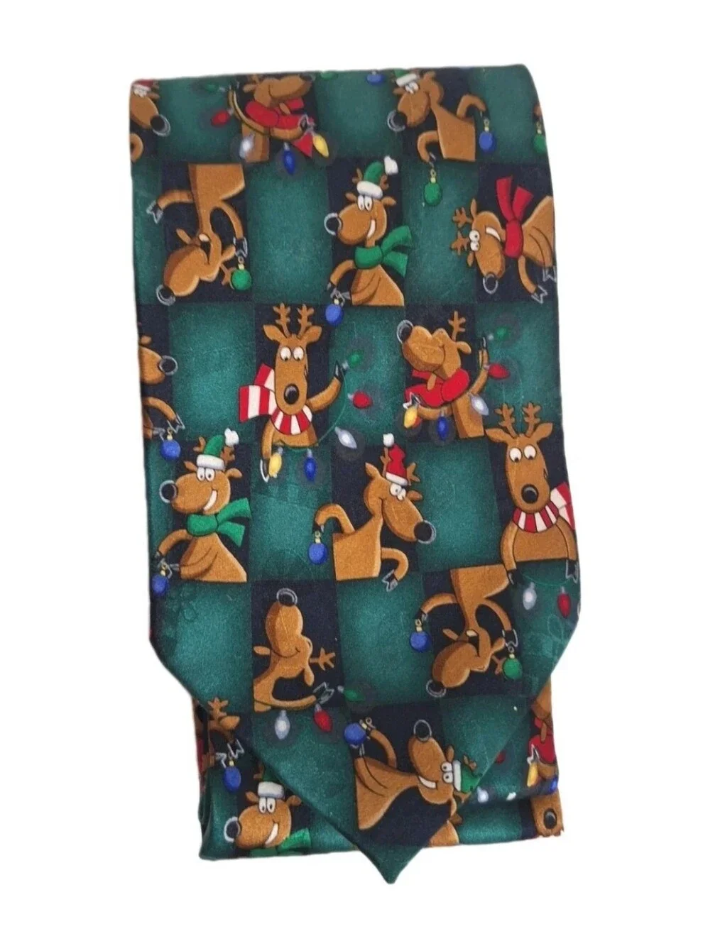 Yule Tie Vintage Hallmark Christmas Tie Green 100% Silk With Reindeer 58